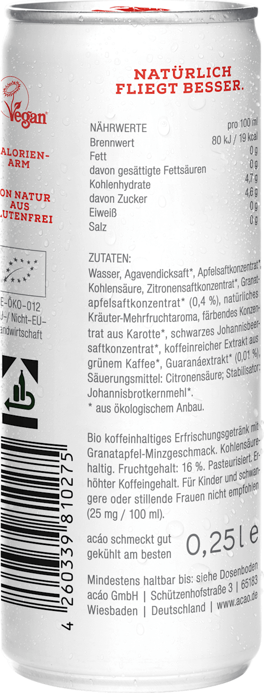 acao Boisson rafraîchissante, grenade avec extrait de menthe & guarana, 0,25 l JETABLE