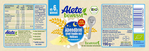 Abendbrei Grießbrei Vanille & Vollkorn ab dem 6. Monat, 190 g