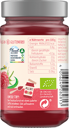 Fruchtaufstrich, Frucht Pur Himbeere 75% Frucht, 250 g ALLOS
