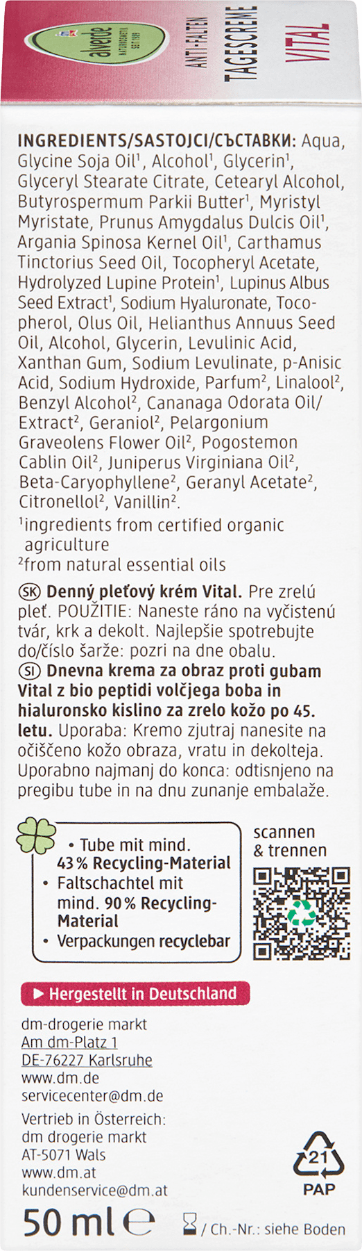 alverde COSMÉTIQUE NATUREL Crème visage Anti-rides Vital pour peaux matures, 50 ml