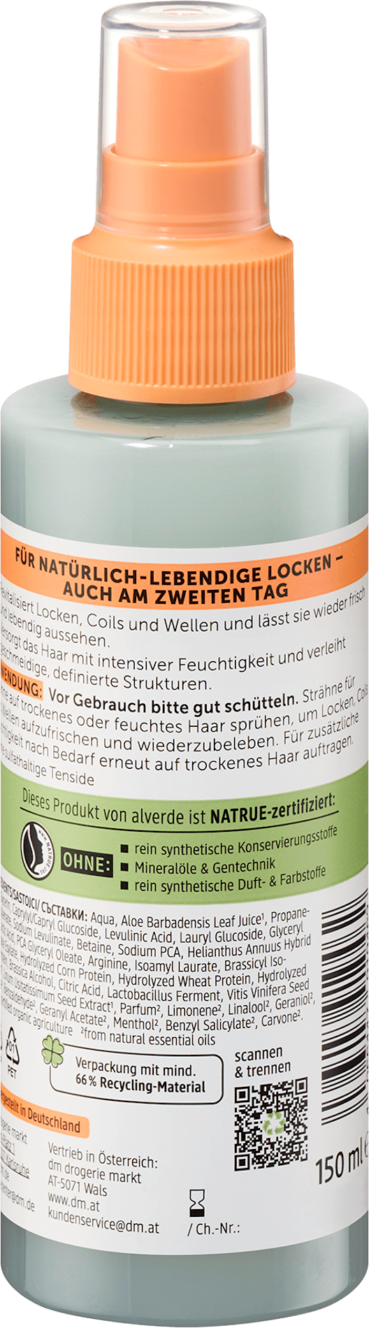alverde COSMÉTIQUE NATUREL Spray rafraîchissant pour boucles, 150 ml
