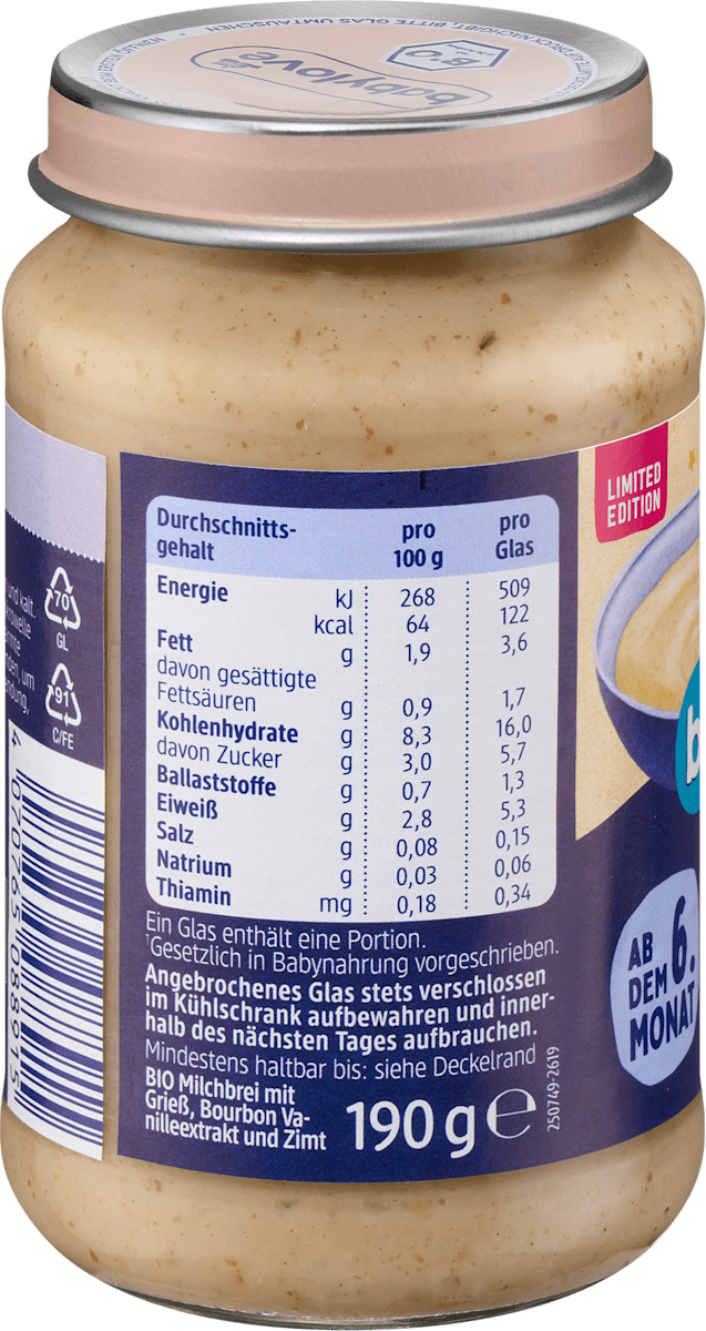 babylove Abendbrei Grieß Vanille-Zimt ab dem 6. Monat, 190 g