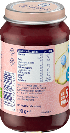 Früchte Heidelbeere & Pfirsich in Birne ab dem 5. Monat, 190 g