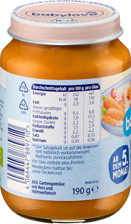 Menü Gartengemüse mit Reis & Huhn ab dem 5.Monat, 190 g