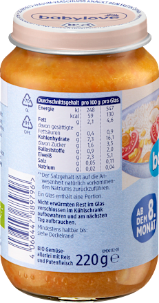 Menü Gemüseallerlei mit Reis & Pute ab dem 8. Monat, 220 g