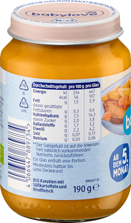 Menü Karotten mit Süßkartoffeln und Rind ab dem 5. Monat, 190 g