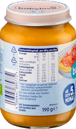 Menü Tomatengemüse mit Nudeln ab dem 5. Monat, 190 g