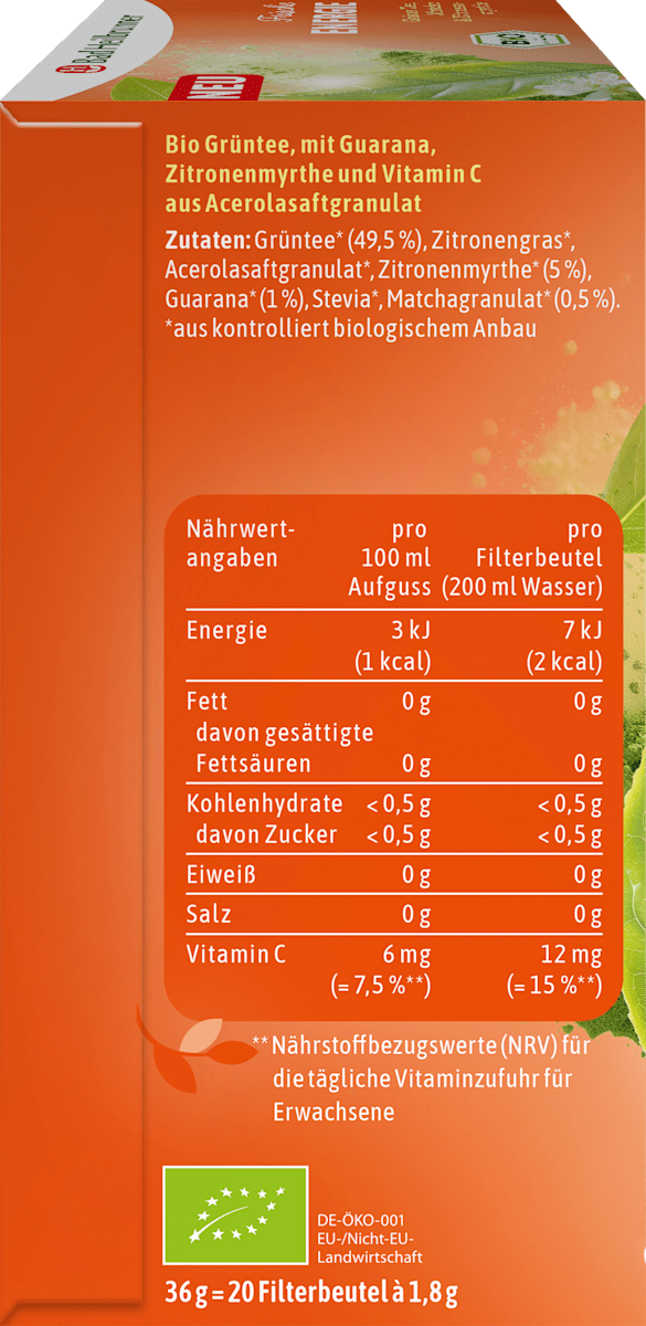 Bad Heilbrunner Grüner Tee Frische Energie mit Matcha & Zitronenmyrte (20 Beutel), 36 g