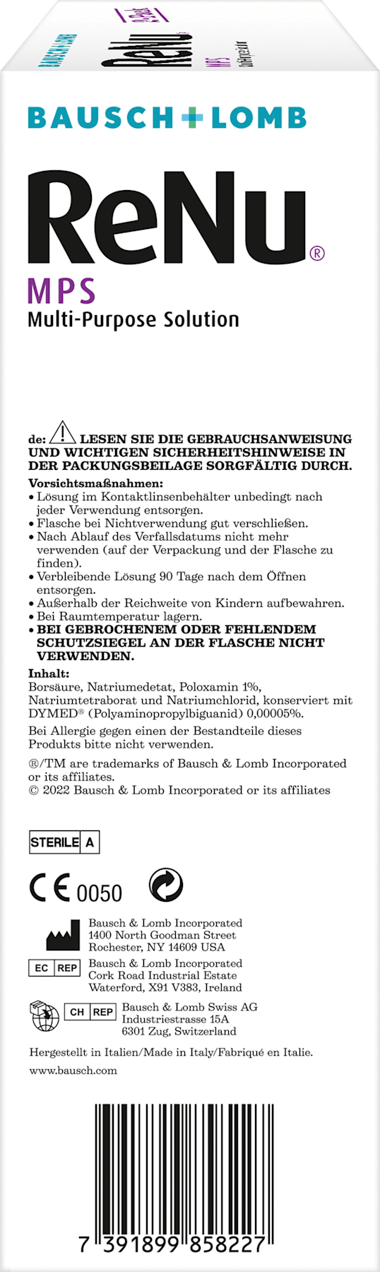 BAUSCH+LOMB Solution pour lentilles de contact ReNu MPS (2 x 360 ml), 720 ml