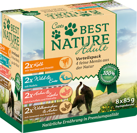Nassfutter Katze mit Kalb, Wild & Ente, Huhn & Lachs, Wildkaninchen & Huhn, Multipack (8x85 g), 680 g