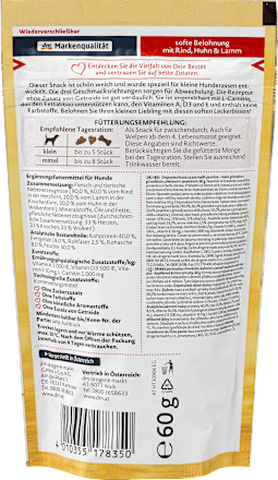 Hundeleckerli softe Belohnung mit Rind, Huhn & Lamm für kleine Hunde, 60 g