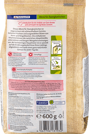 Nagerfutter, Menü für Zwergkaninchen getreidefrei, Naturverliebt, 600 g Dein Bestes