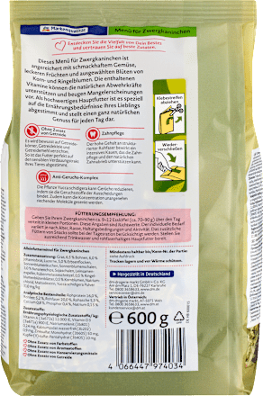 Nagerfutter Menü für Zwergkaninchen, getreidefrei, 600 g