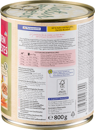 Nassfutter Hund mit 60% Huhn mit Kartoffeln, Naturverliebt, 800 g