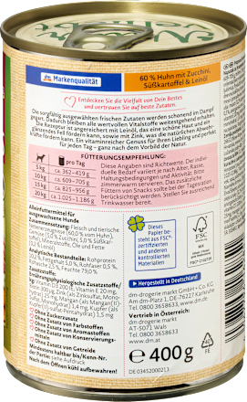Nassfutter Hund mit Huhn & Zucchini, Süßkartoffel & Leinöl, Naturverliebt, 400 g