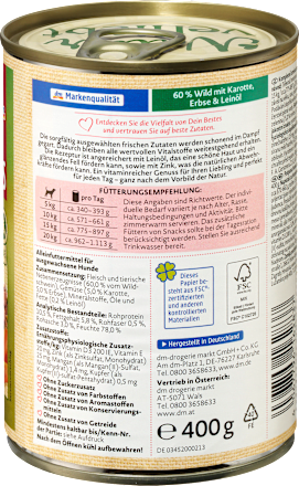 Nassfutter Hund mit Wild, Karotten, Erbsen & Leinöl, Naturverliebt, 400 g