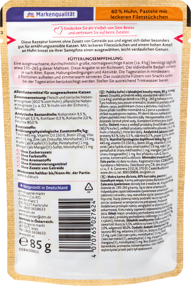 Nassfutter Katze 60% Huhn, Pastete mit leckeren Filetstückchen, Naturverliebt Multipack (18x85 g), 1.530 g