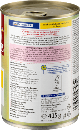 Nassfutter Katze reich an Geflügel mit Leber in Sauce, Multipack (12x415 g), 4,98 kg