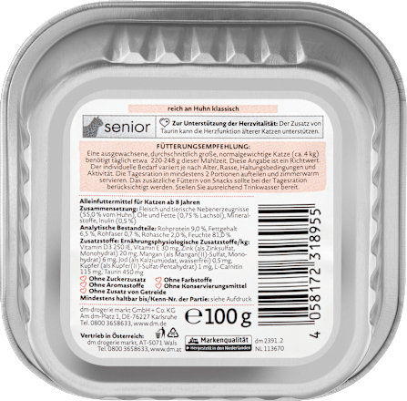 Nassfutter Katze reich an Huhn, Senior, Multipack (14x100 g), 1,4 kg