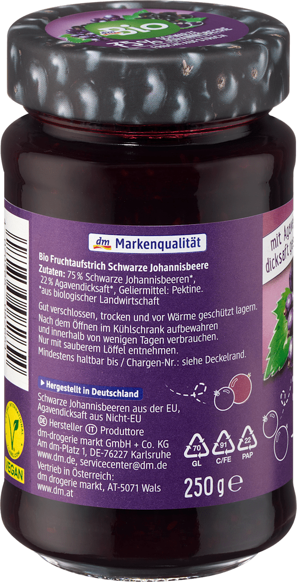 dmBio Fruchtaufstrich, Schwarze Johannisbeere 75% Frucht, 250 g
