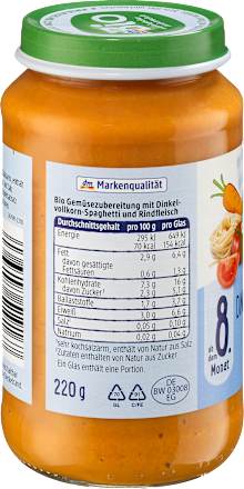 Menü Dinkel-Spaghetti Bolognese ab dem 8. Monat, 220 g