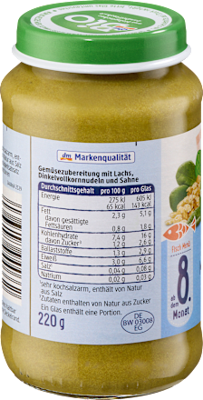 Menü Dinkelnudeln mit Rahmspinat und Lachs ab dem 8. Monat, 220 g
