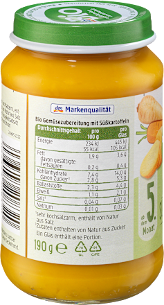 Menü Gemüse mit Süßkartoffeln ab dem 5. Monat, 190 g
