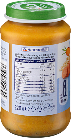 Menü Süßkartoffel-Karottengemüse mit Nudeln und Huhn, ab dem 8. Monat, 220 g