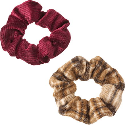 Scrunchies, bruin geruit, kersenrood, 2 stuks