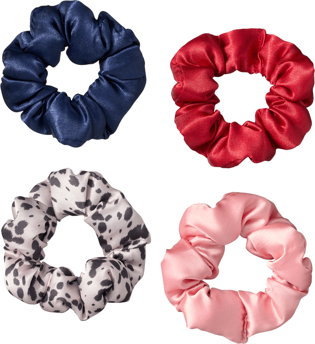 Scrunchies, Dalmatiner-Muster / rot / blau / rosa, 4 St