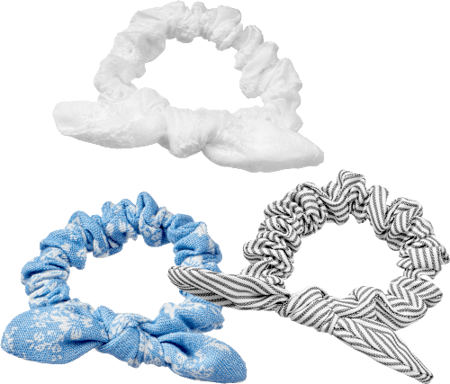 Scrunchies mit Schleifen, weiß/blau/grau, 3 St