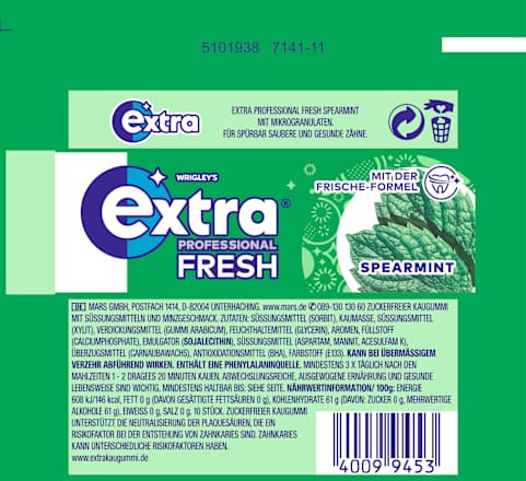 Kauwgom, Extra Professional Fresh, Spearmint, suikervrij, 10 stuks