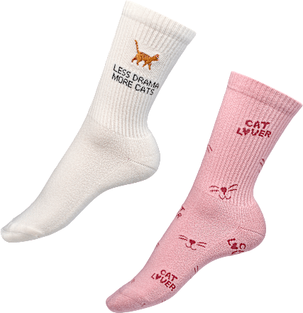 Crew Socken mit Katzen-Motiv beige + rosa Gr. 39-42, 2 St