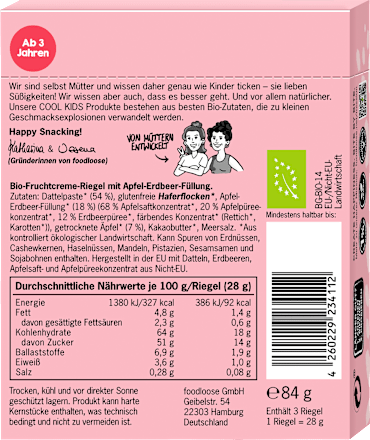 Kindersnack Fruchtriegel Frucht-Creme Apfel-Erdbeere ab 3 Jahren (3x28 g), 84 g