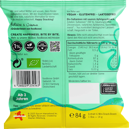Kindersnack SpongeBob Rosinen saurer Apfel-Geschmack ab 3 Jahren (6x14 g), 84 g