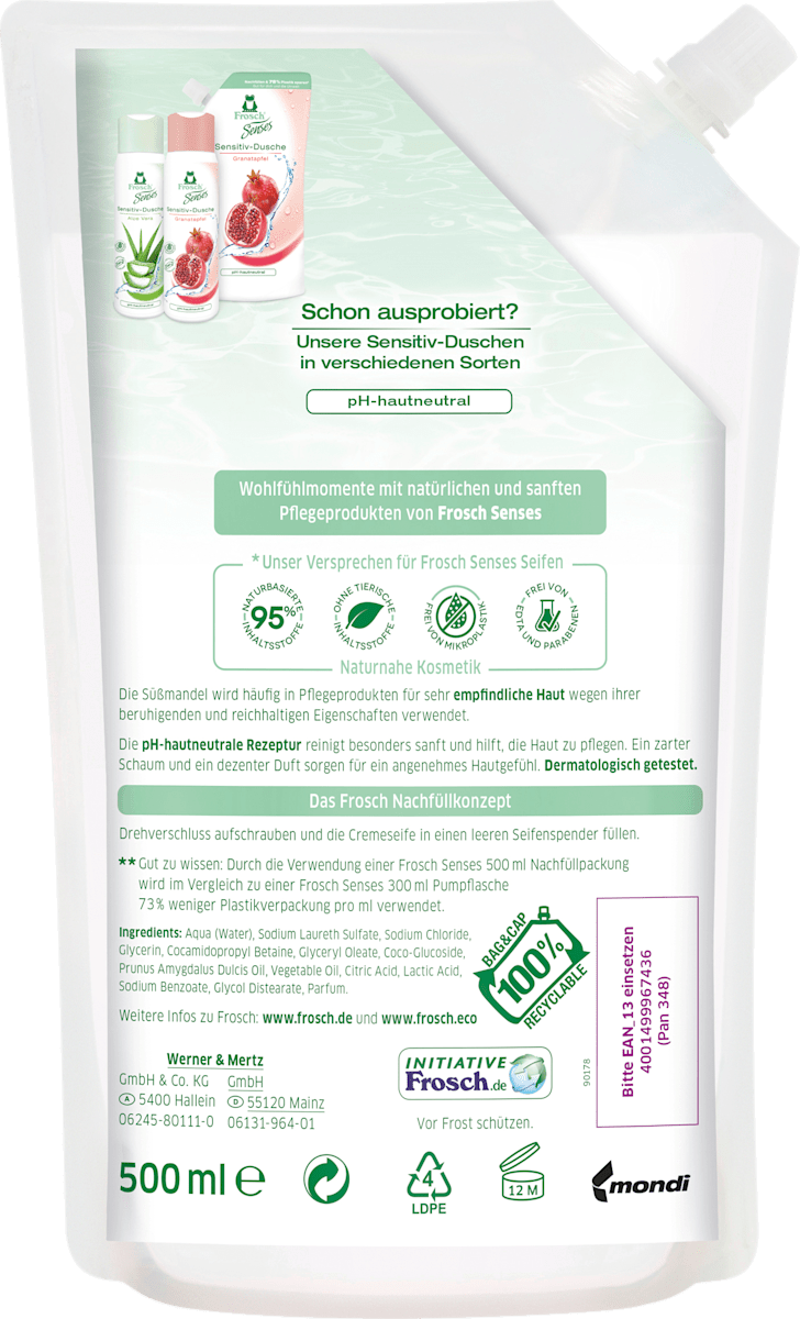 Frosch Senses Cremeseife Mandel Nachfüllpack, 500 ml