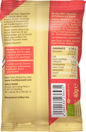 Kindersnack Duo-Häppchen mit Erdbeere, Vanille & Hafer, ab 3 Jahren, 40 g