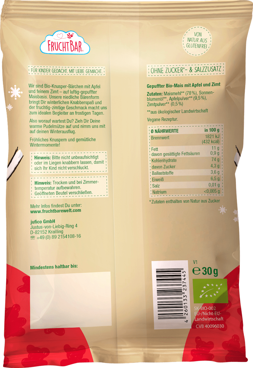FruchtBar Kindersnack Knusper-Bärchen Mais, Apfel & Zimt ab 12 Monaten, 30 g