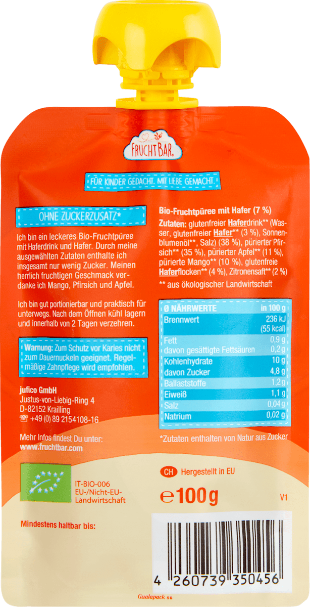 FruchtBar Quetschie Mango, Pfirsich, Apfel & Hafer ab 6 Monaten, 100 g