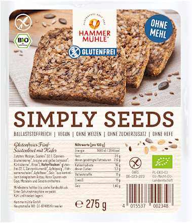 Brot, 5-Saatenbrot Simply Seeds, glutenfrei (4 Stück), 275 g