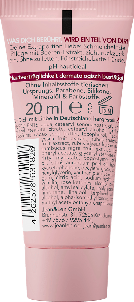 Jean&Len Handcreme I love you berry much, Reisegröße, 20 ml