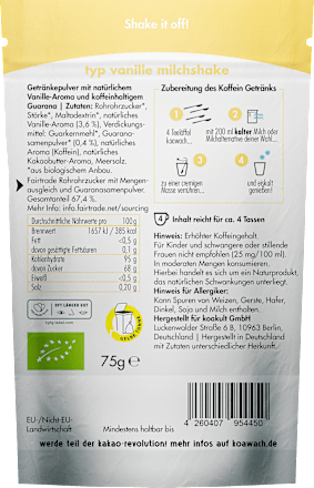 Getränkepulver, Milchshake Vanille, 75 g koawach