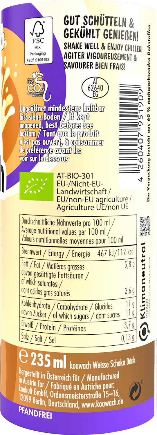 koawach Boisson chocolatée prête à boire, chocolat blanc avec de la caféine naturelle issue du guarana, 235 ml