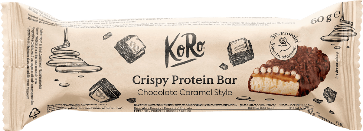 Barre protéinée KoRo 31 %, style chocolat croustillant et caramel, 60 g
