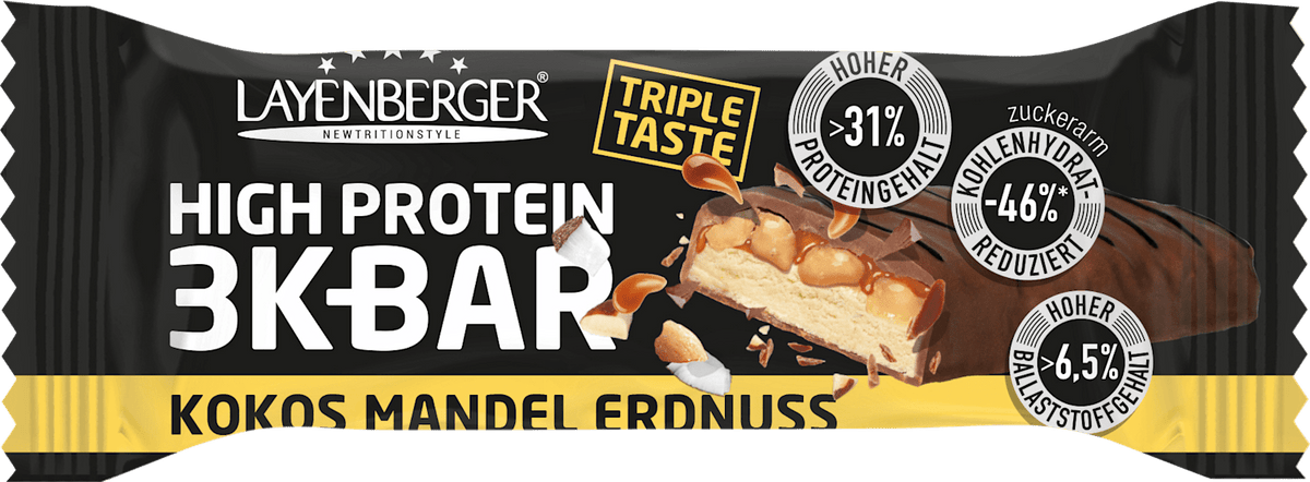 Barre protéinée Layenberger 3K Bar High Protein 32 %, Triple Amande Arachide Noix de Coco, 45 g