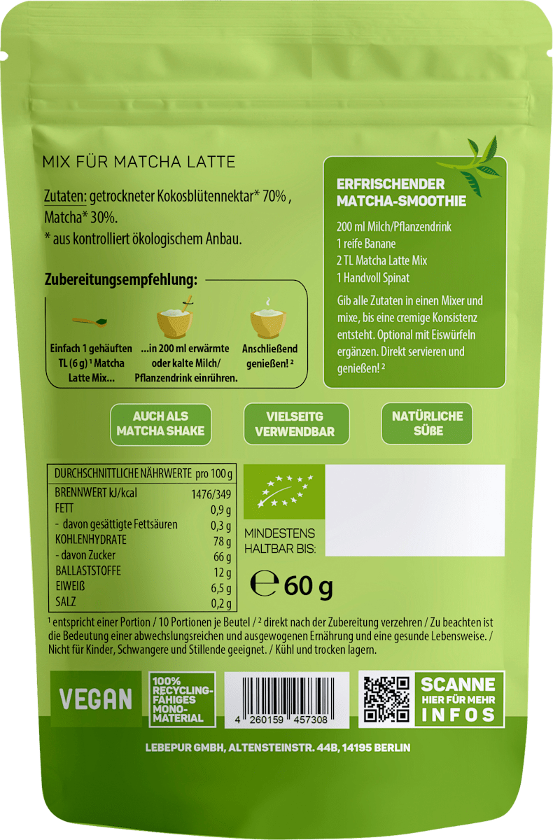 Lebepur Mix für Matcha Latte, 60 g