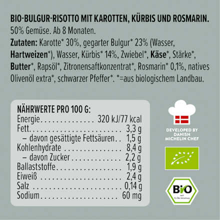 Menü Bulgur Risotto mit Karotten, Kürbis, Rosmarin, ab 8 Monaten, 185 g