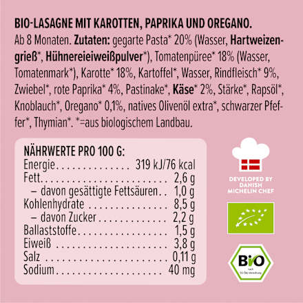 Menü Lasagne mit Karotten, Paprika, Oregano, ab 8 Monaten, 185 g