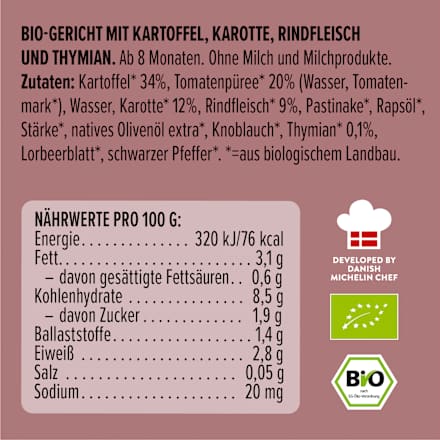 Menü mit Kartoffeln, Karotten, Rindfleisch, Thymian, ab 8 Monaten, 185 g