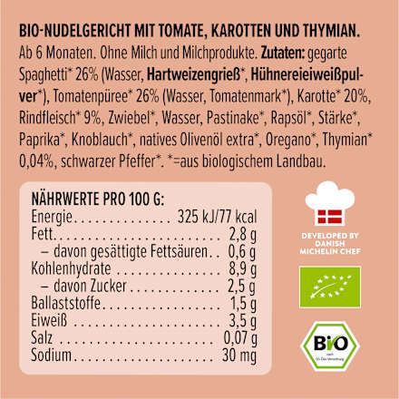 Menü Pasta Bolognese mit Tomaten, Karotten, Thymian, ab 6 Monaten, 185 g